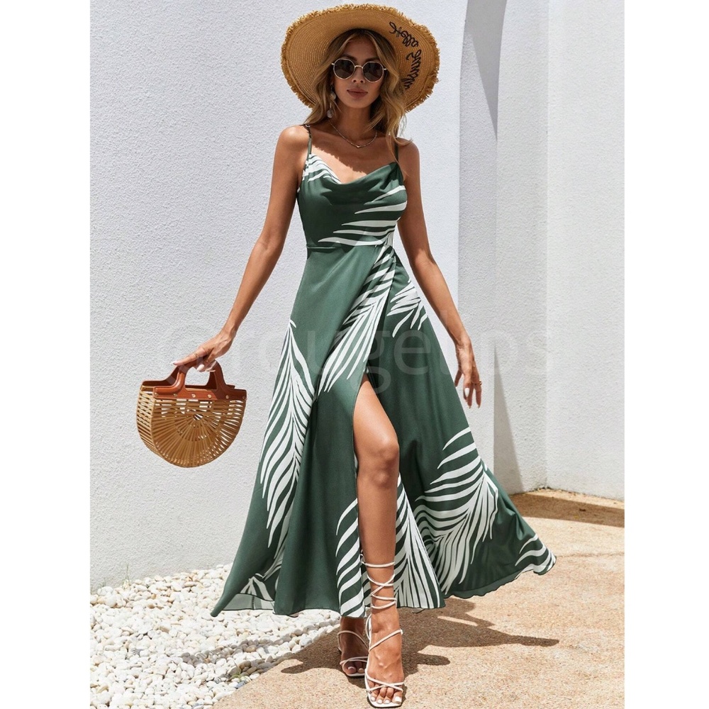 Dark Green Dress White Tropical Leaf Print Maxi Cami Draped Neckline Leg Slit - Picture 3 of 7